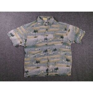 Paradise Gold Shirt Men Large Green Palm Tree Aloha Hawaiian Causal Resort Beach